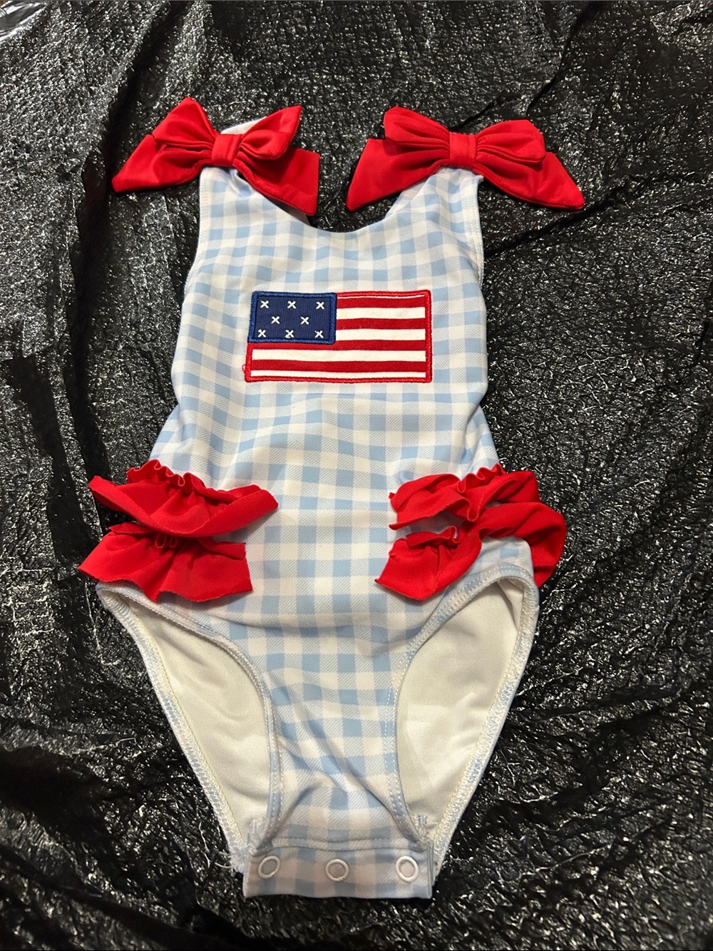 GAP Blue and White Gingham Swimsuit with Red Bow Details